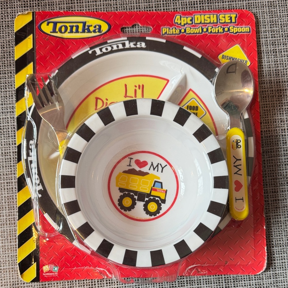 Tonka Truck 4pc Dish Set Plate Bowl Spoon Silverware Baby Kids Toddler Boy gift